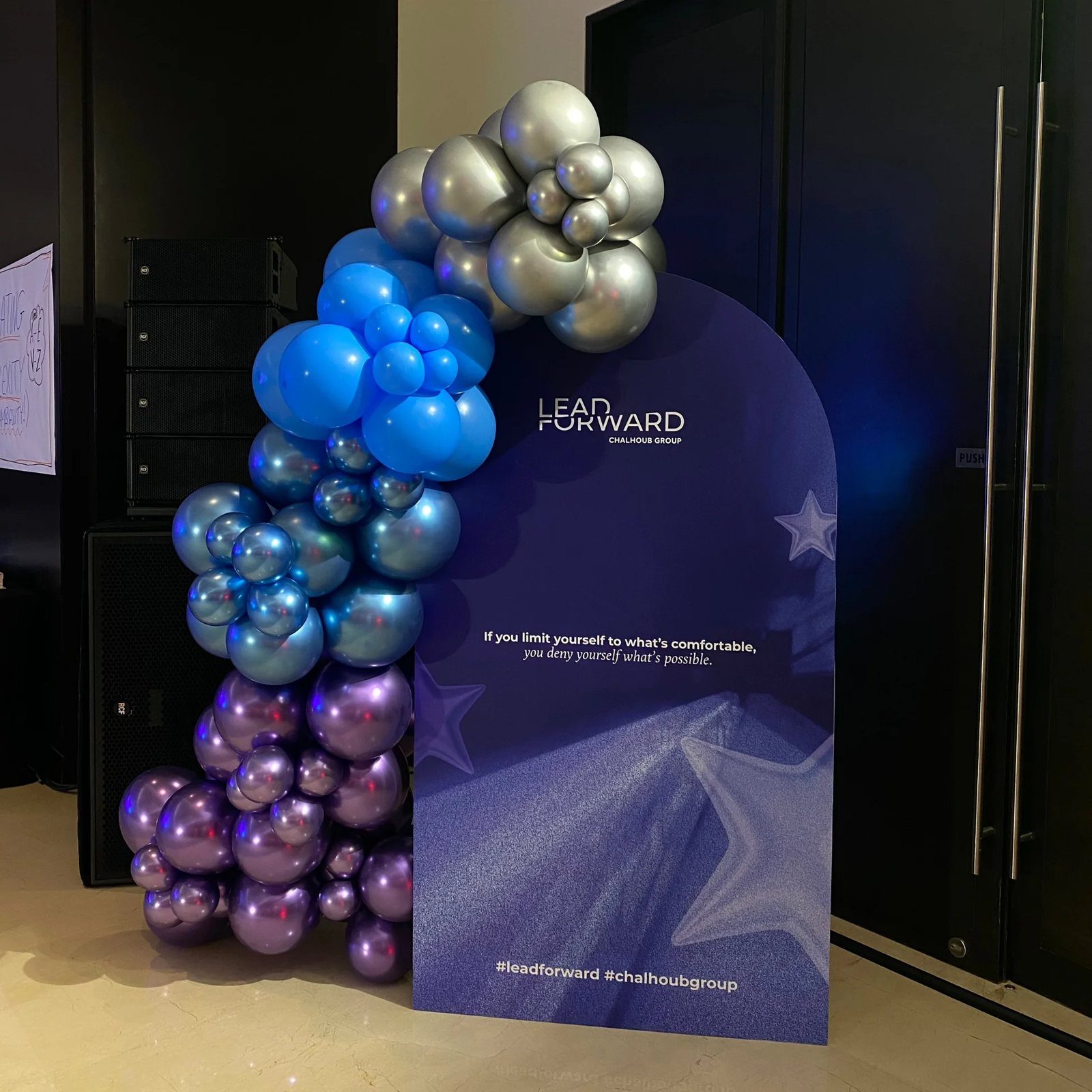 Branded event setup for a corporate yacht event