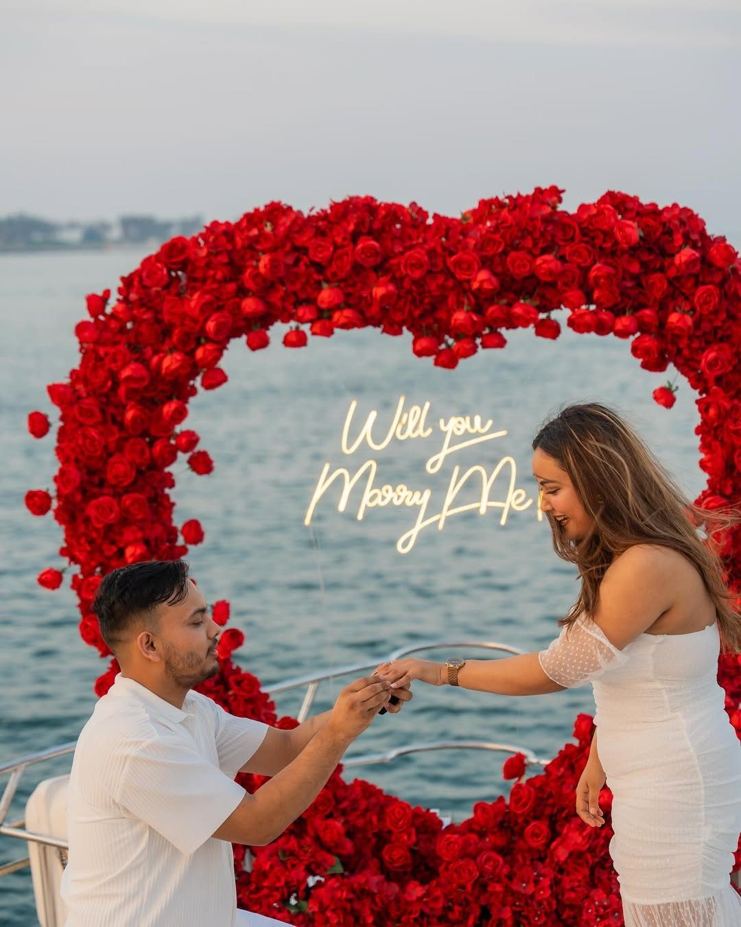 Red rose heart proposal decoration on a yacht in Dubai