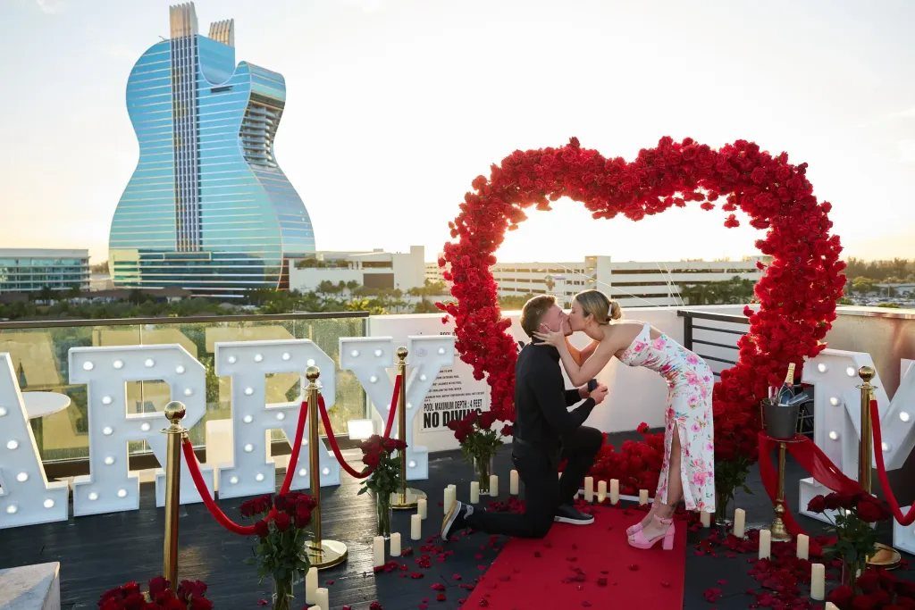 Rose heart marriage proposal setup with Dubai Marina skyline